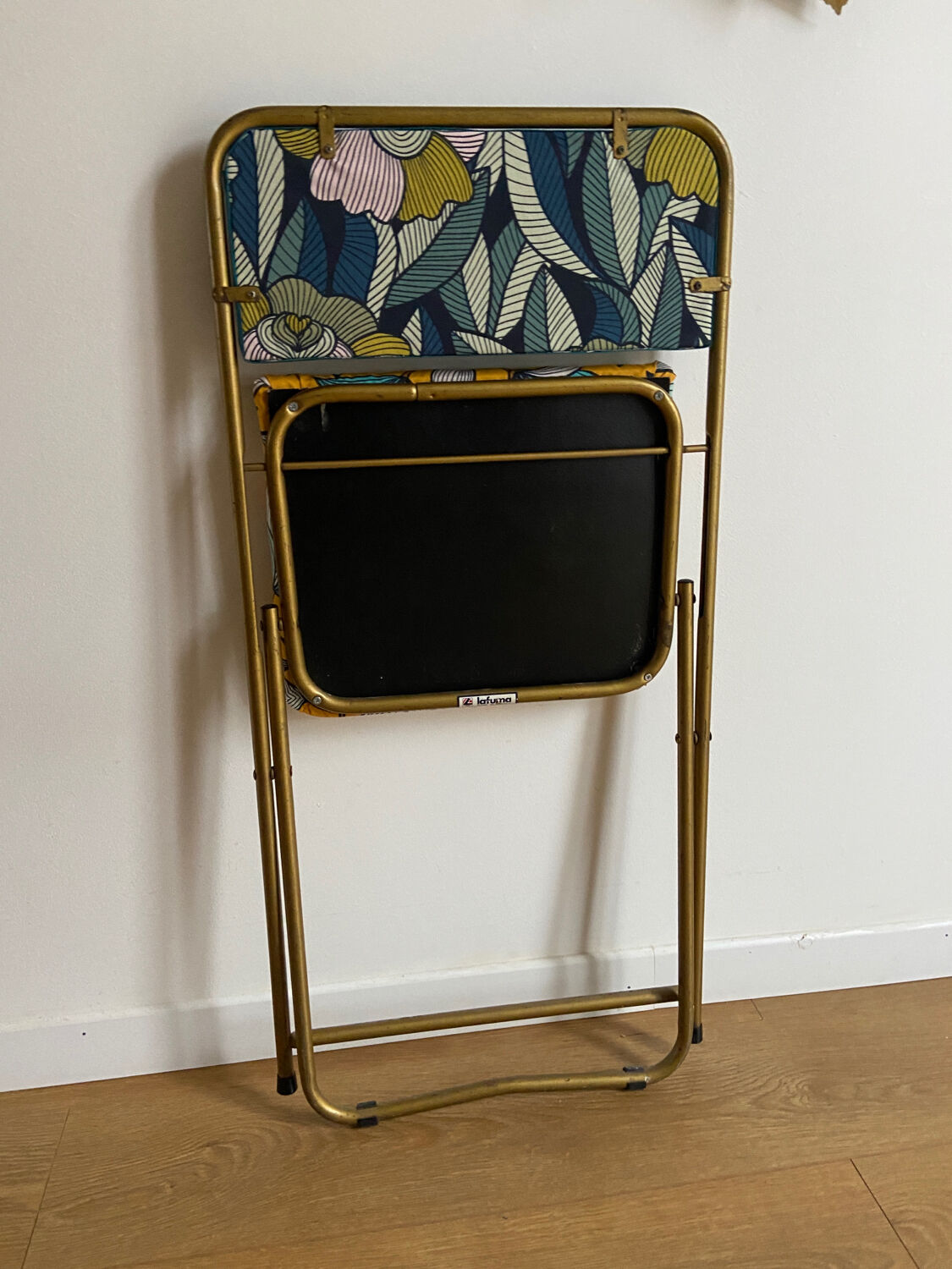 Vintage folding chair lafuma revisited yellow and blue floral fabrics