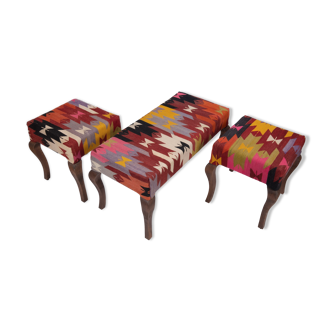 Set Of Three Turkish Kilim Bench, Kilim Bench Upholstered With Vintage Turkish Kilim Rug, Handmade O