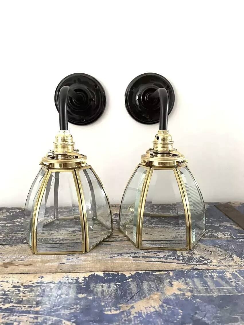 Pair of brass and glass wall lights