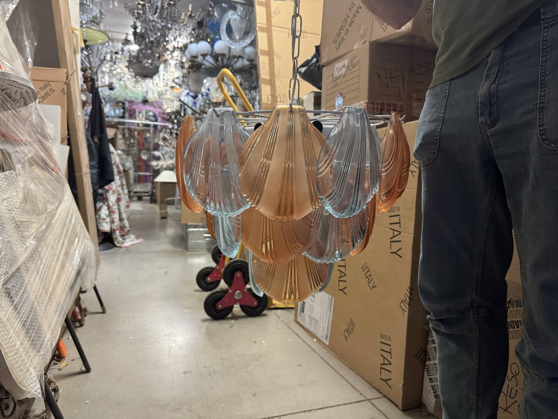 1980s Retro Murano Glass Shell Chandelier in Amber and Lavender, Italy