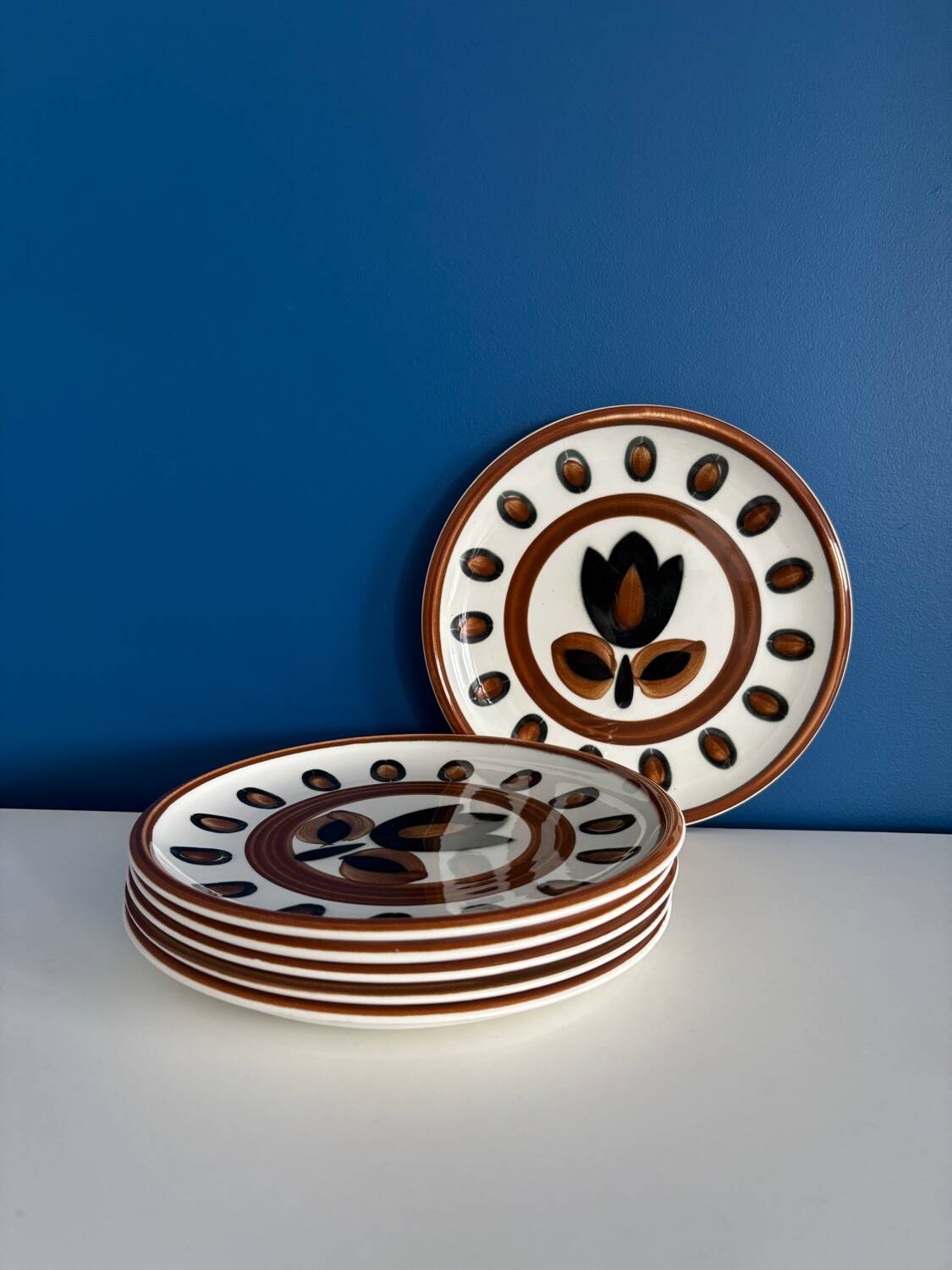 Service 6 assiettes à dessert boch la louviere vintage 1970 modele kimono - annees 70 - assiettes seventies boch tulipe