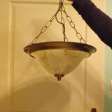 Suspension in gold metal with chains and opaque basin with brown cast designs -60s