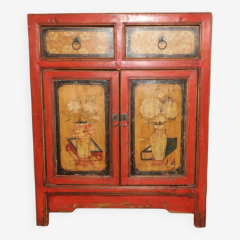 Mid century Chinese hand-painted cabinet with 2 doors and 2 drawers