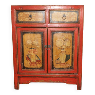 Armoire chinoise peinte à la main du milieu du siècle avec 2 portes et 2 tiroirs