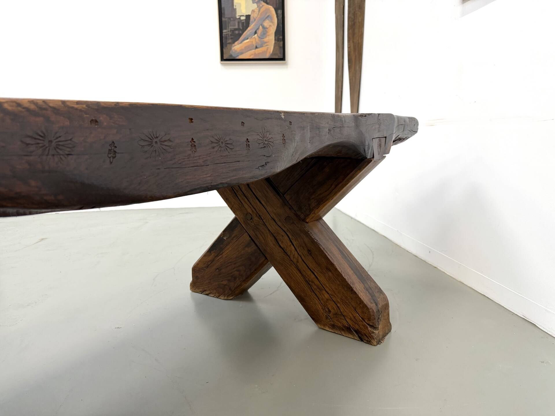 Table Brutaliste en Chêne Massif, Art Populaire (Vers 1900)