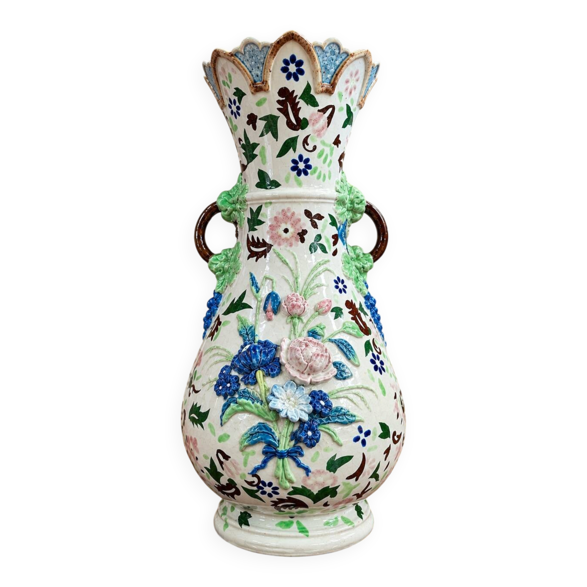 polychrome faience vase with relief floral decoration – 20th century