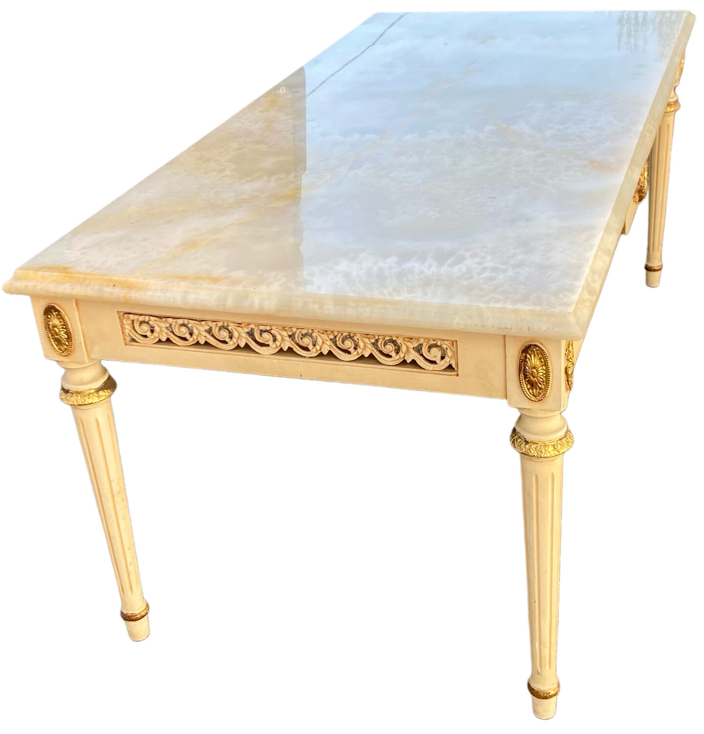 Louis XVI coffee table with a white marble top.