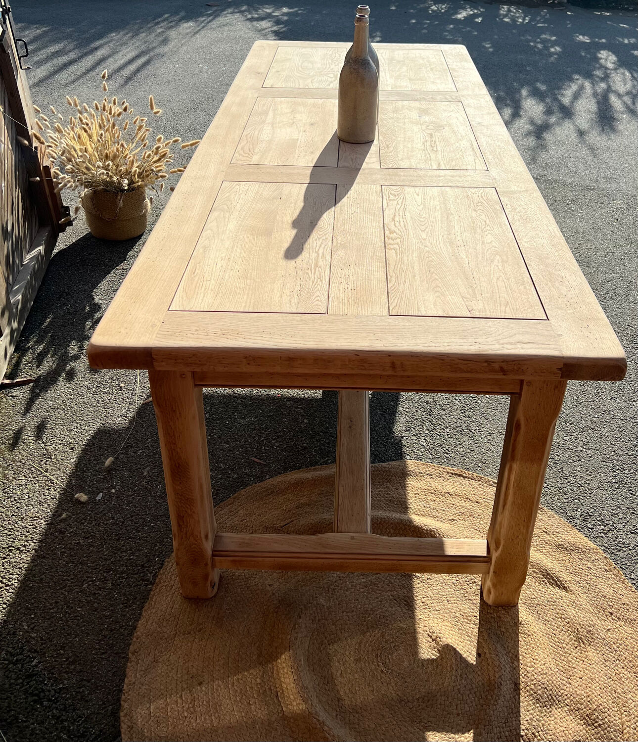 Large renovated family table with 2 extensions in raw solid oak, 3.18m.