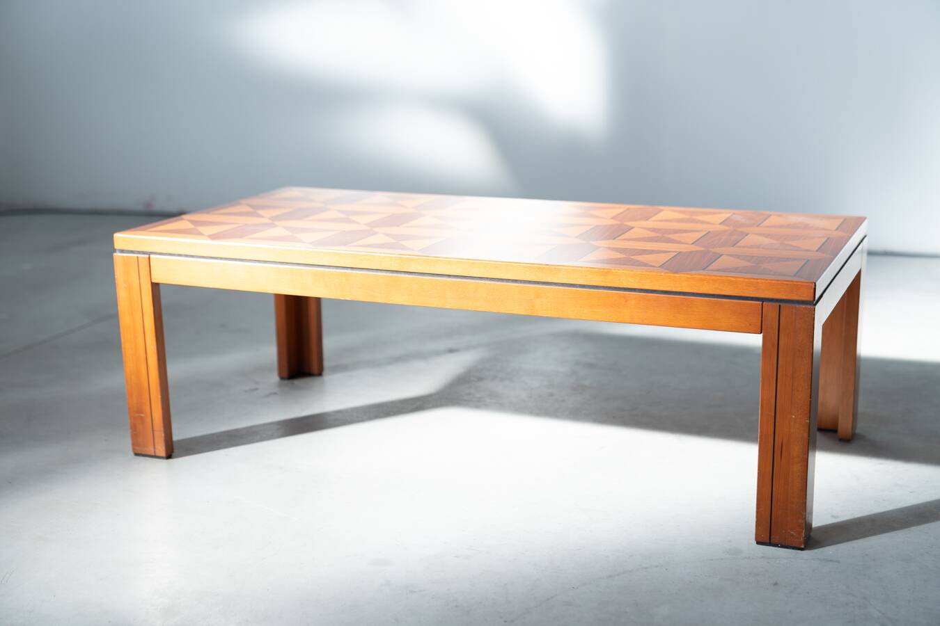 1970s "Fox Hunt" Design Rectangular Cherry Wood Inlaid Coffee Table