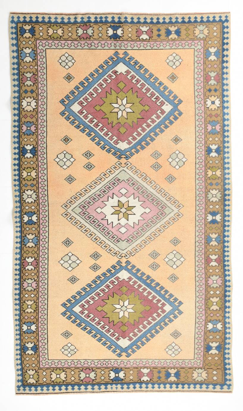 Mustard Pink Oriental Pattern Turkish Rug, 135x232Cm