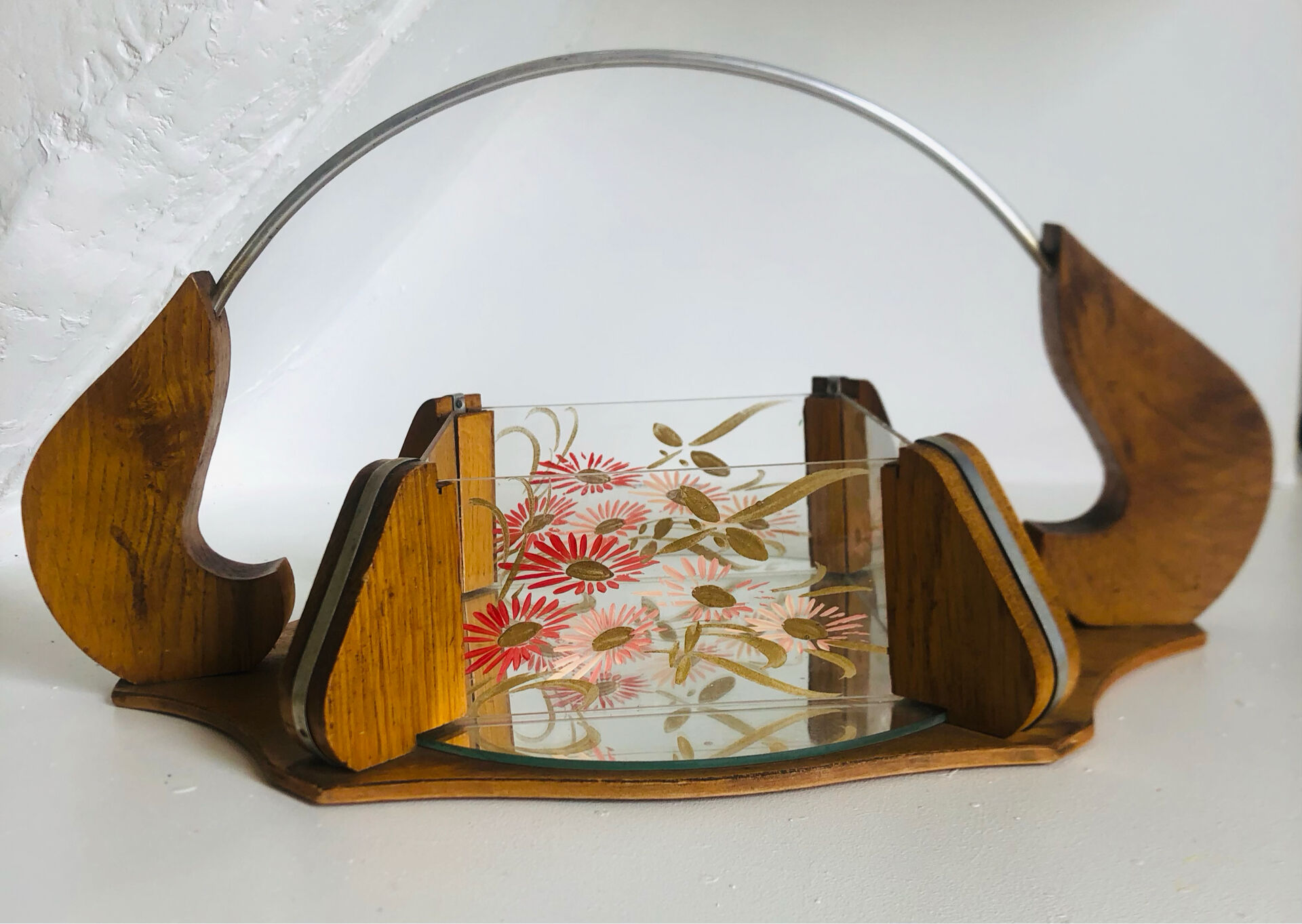 Vintage painted glass tray, wood and mirror
