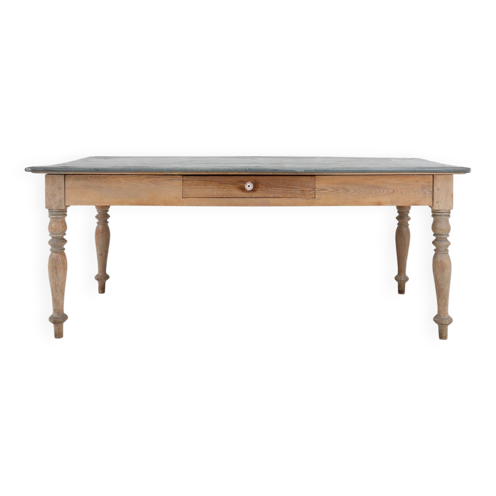 Rustic French pine wood dinner table with zinc top, ca. 1850