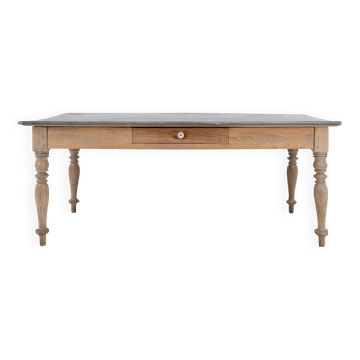 Table à manger rustique en pin français avec plateau en zinc, vers 1850