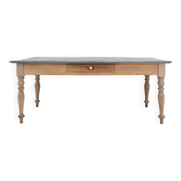 Rustic French pine wood dinner table with zinc top, ca. 1850
