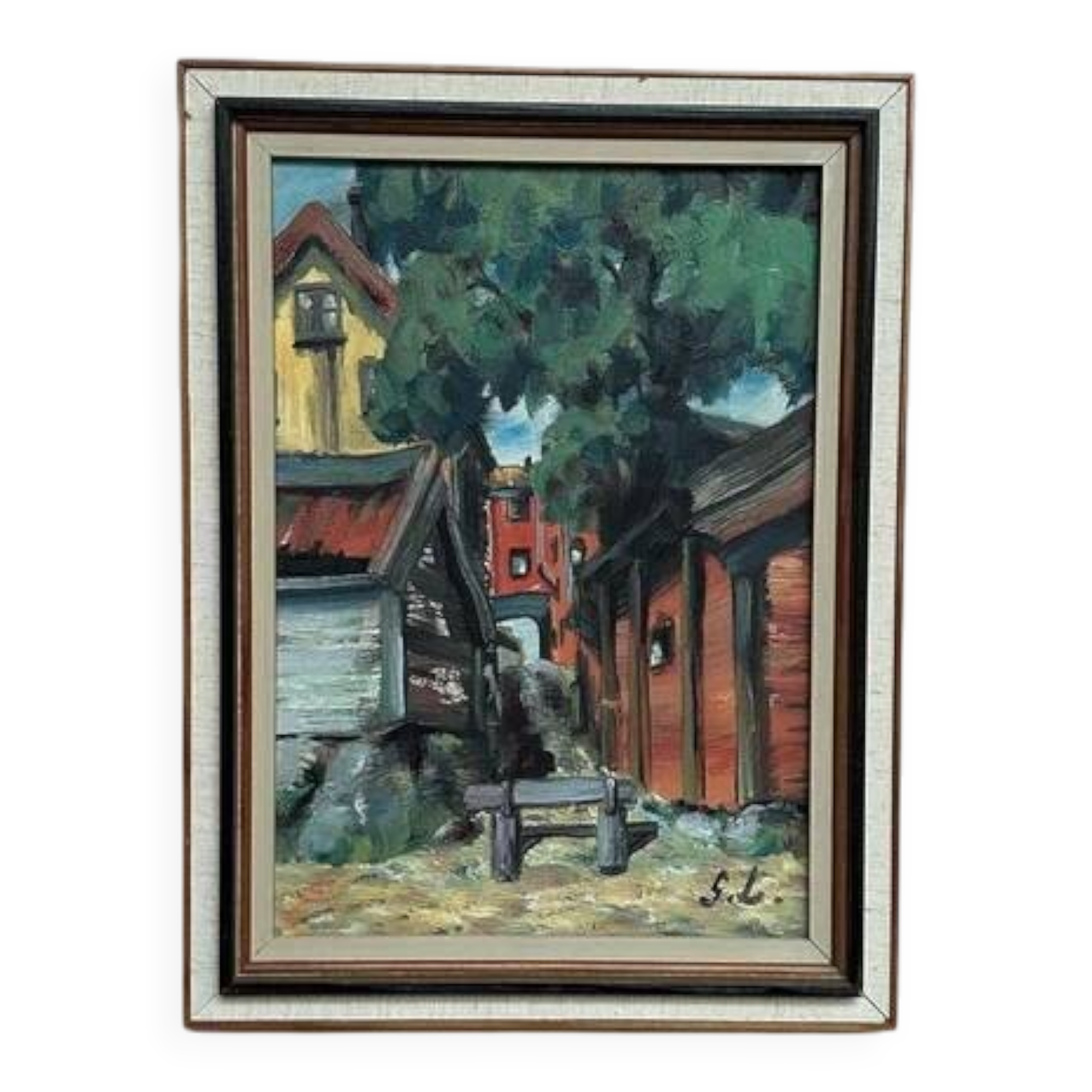Original oil on panel “Red cottages” by Ingrid Larsblad, vintage & framed 30×40cm