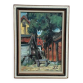 Huile sur panneau originale "Cottages rouges" par Ingrid Larsblad, vintage et encadrée 30×40cm