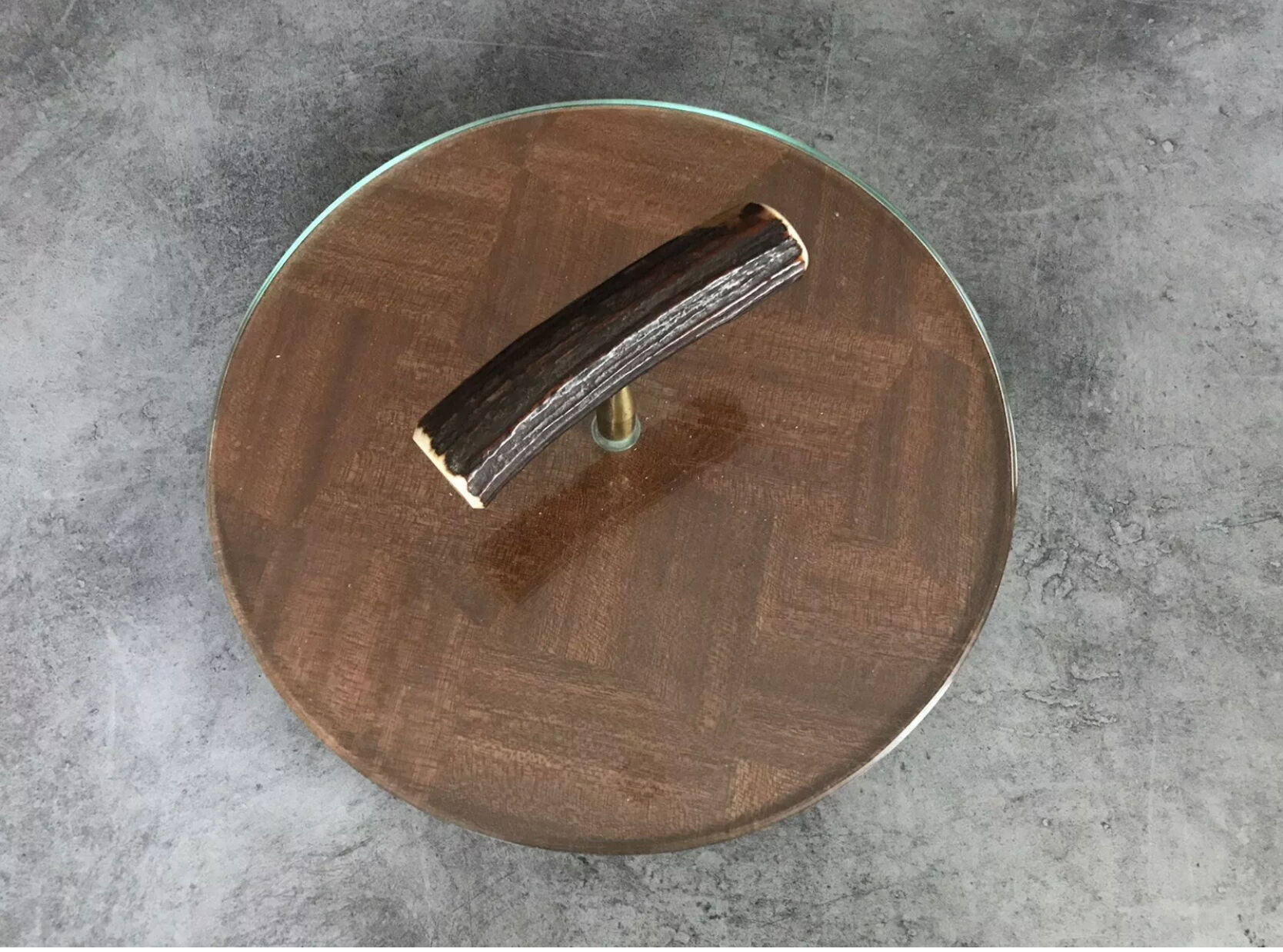Cheese plat vintage rond marquetry plateau turning glass 28.5 cm