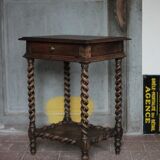 Antique turned wood bedside table with drawer, side table, nightstand