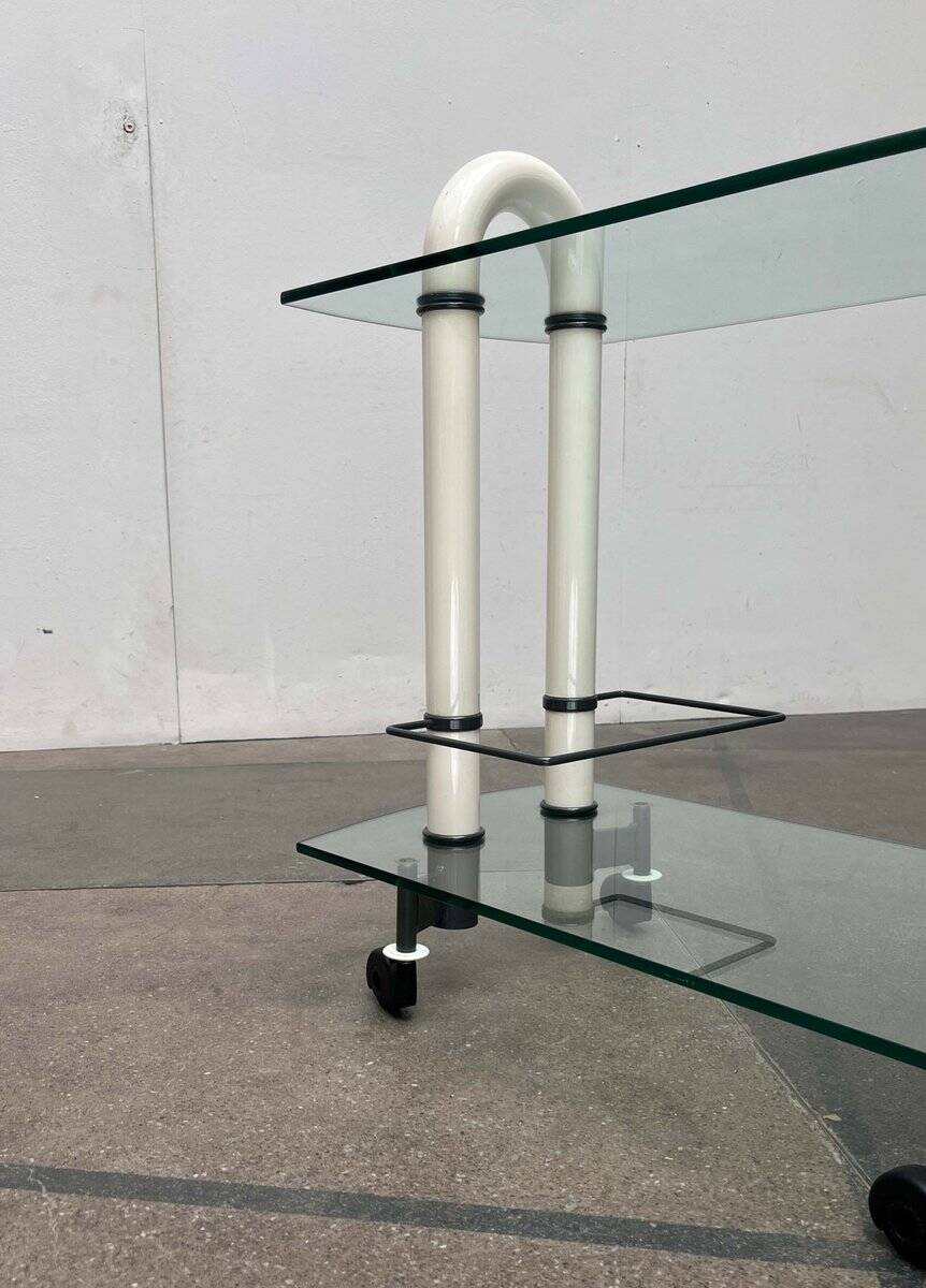Postmodern Italian bar cart in glass and metal by Metalnova, 1980s.