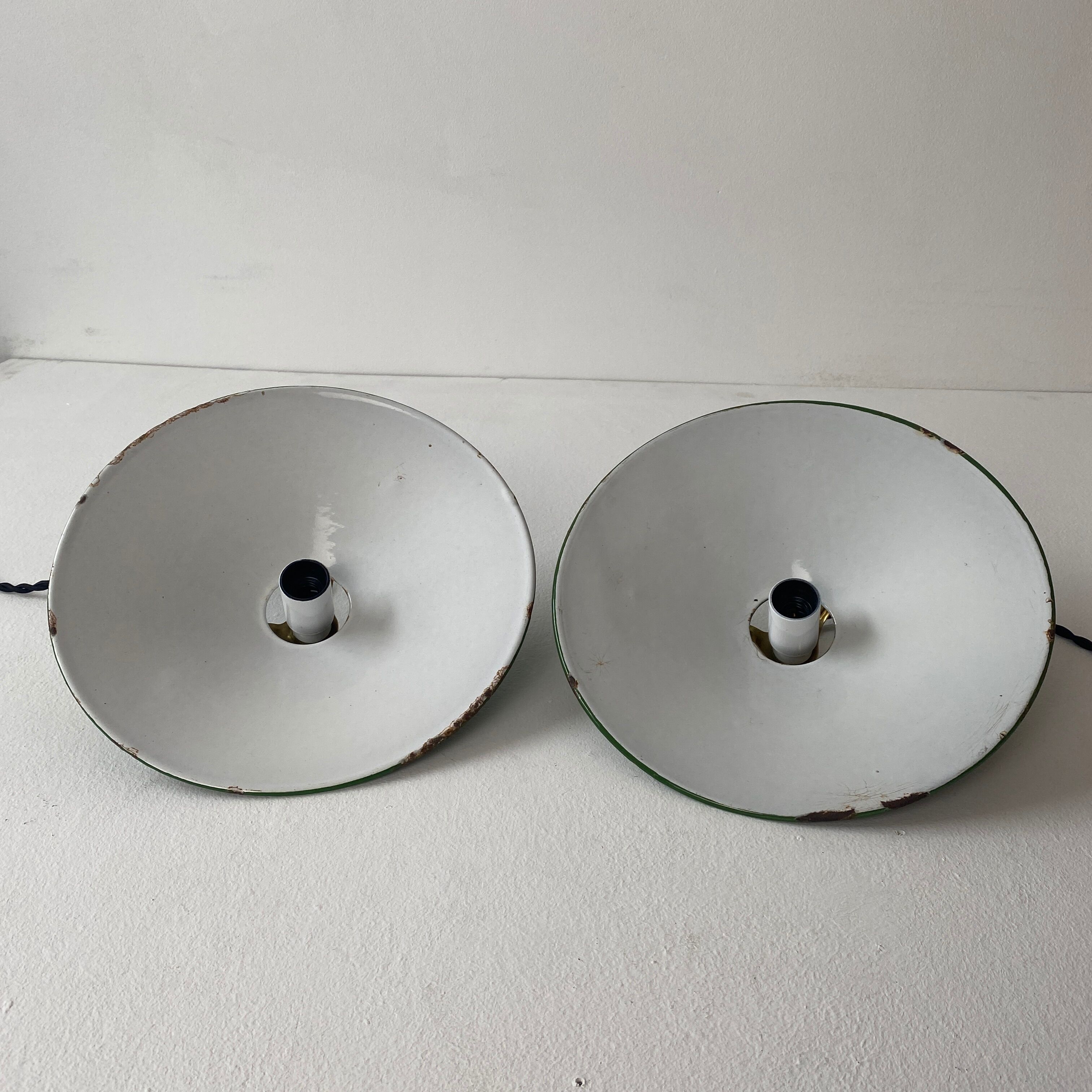 Pair of vintage industrial enamelled suspensions
