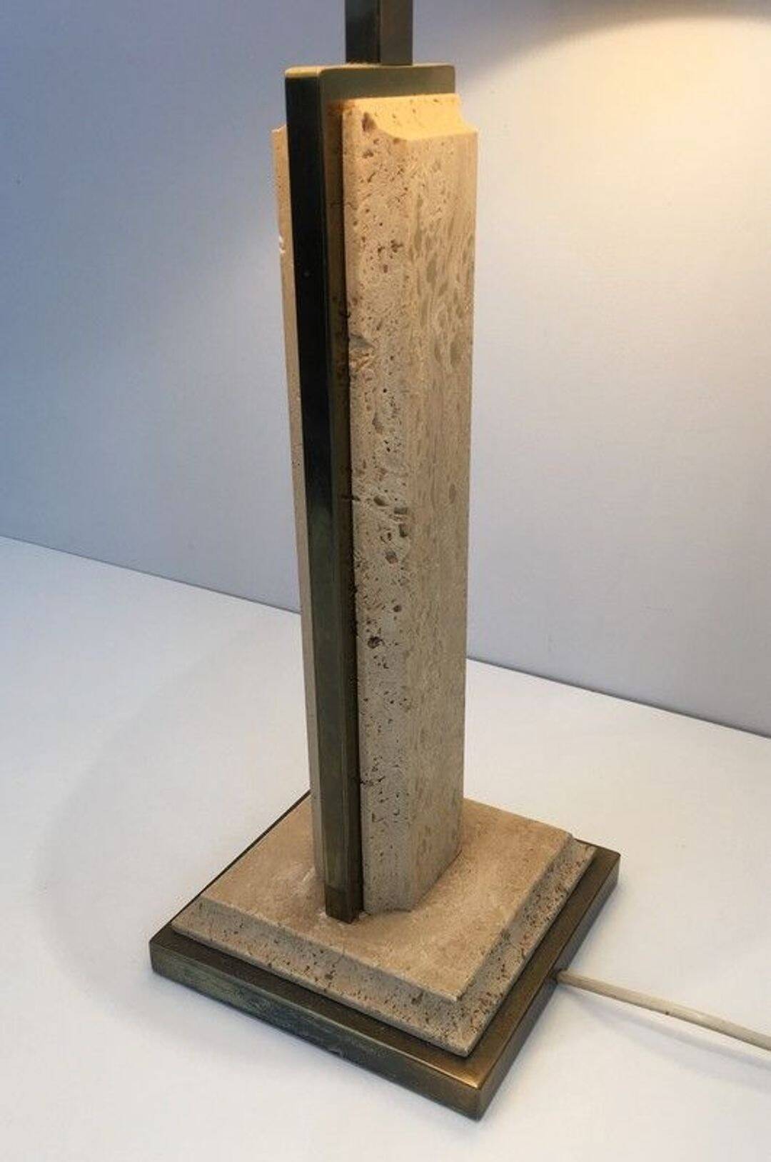 Table Lamp in Travertine and Gold Chrome, French Work, circa 1970