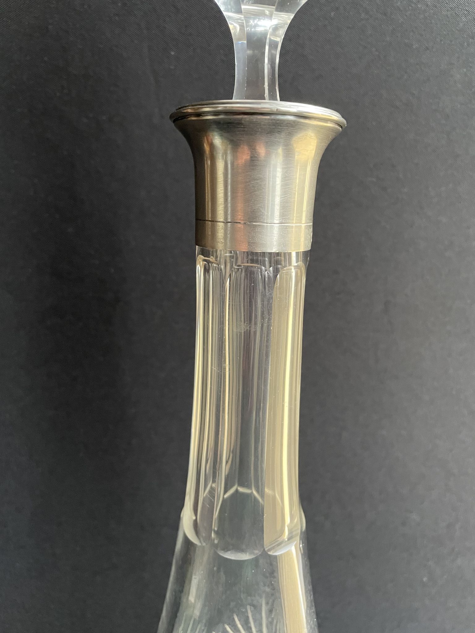 Blown crystal decanter, cut and silver collar