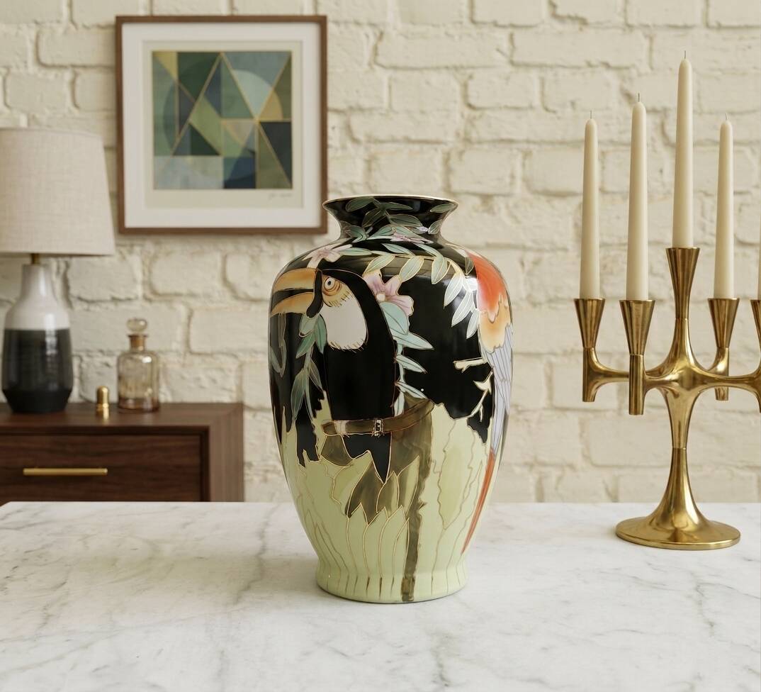 Large Toucan vase "Jungle" in glazed porcelain