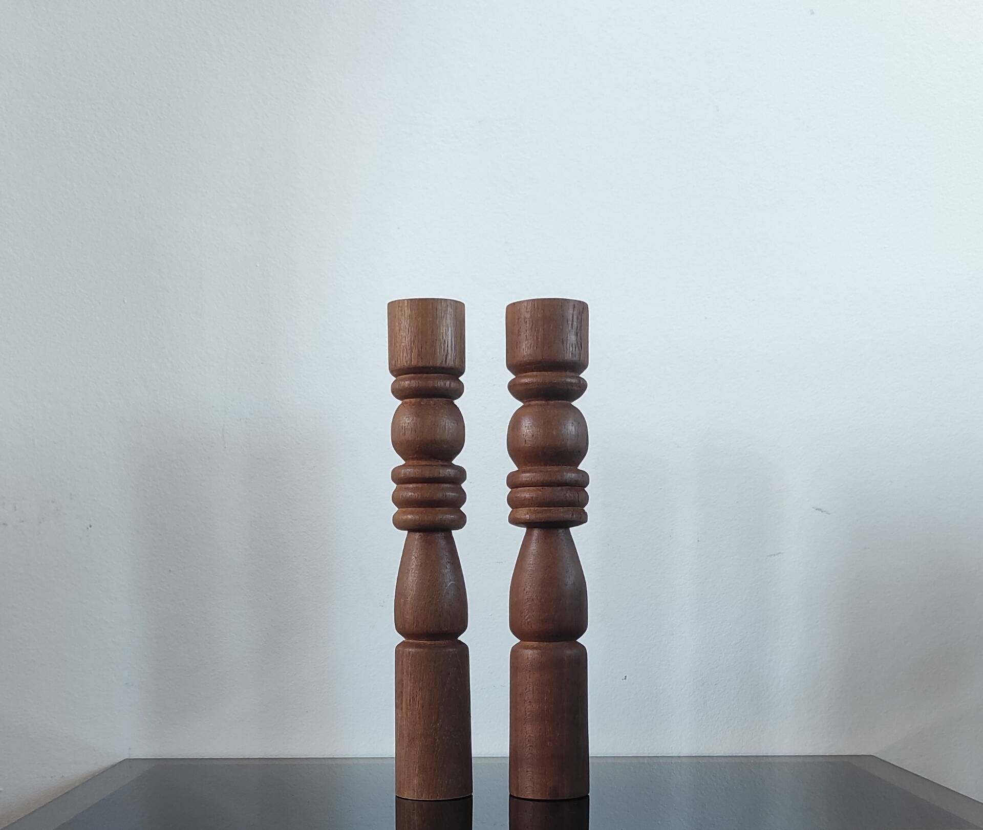 Brutalist turned wood candlestick pair