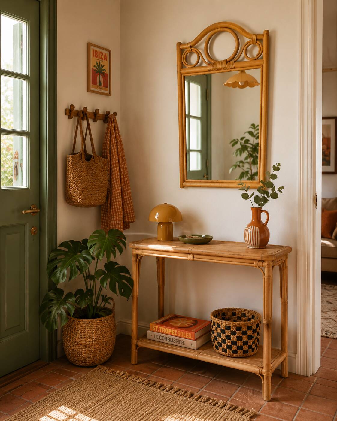 Curved wooden mirror and rattan