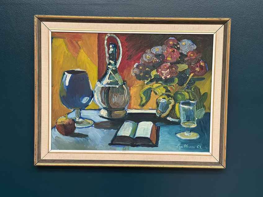 Huile sur toile originale suédoise – « Livre et fleurs » par Eyvind Olesen – cadre vintage