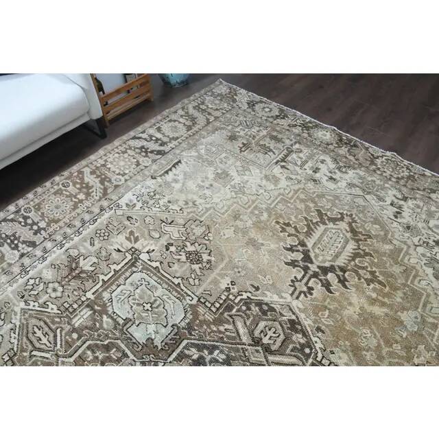 1960s Vintage Persian Handmade Wool Cotton Light Brown Area Rug 283x374