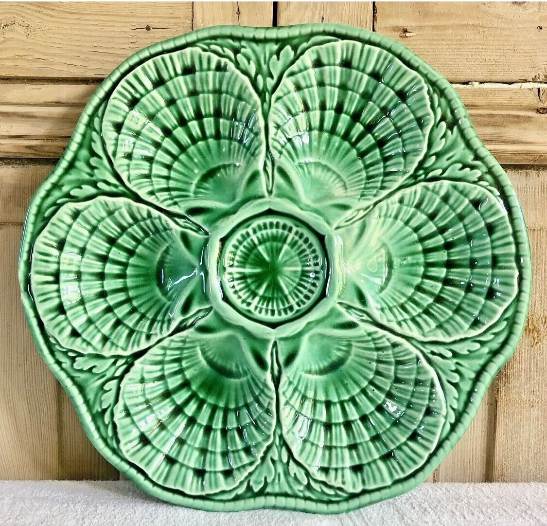 7 old oyster plates Sarreguemines green slurry
