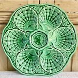 7 anciennes assiettes à huîtres barbotine verte sarreguemines
