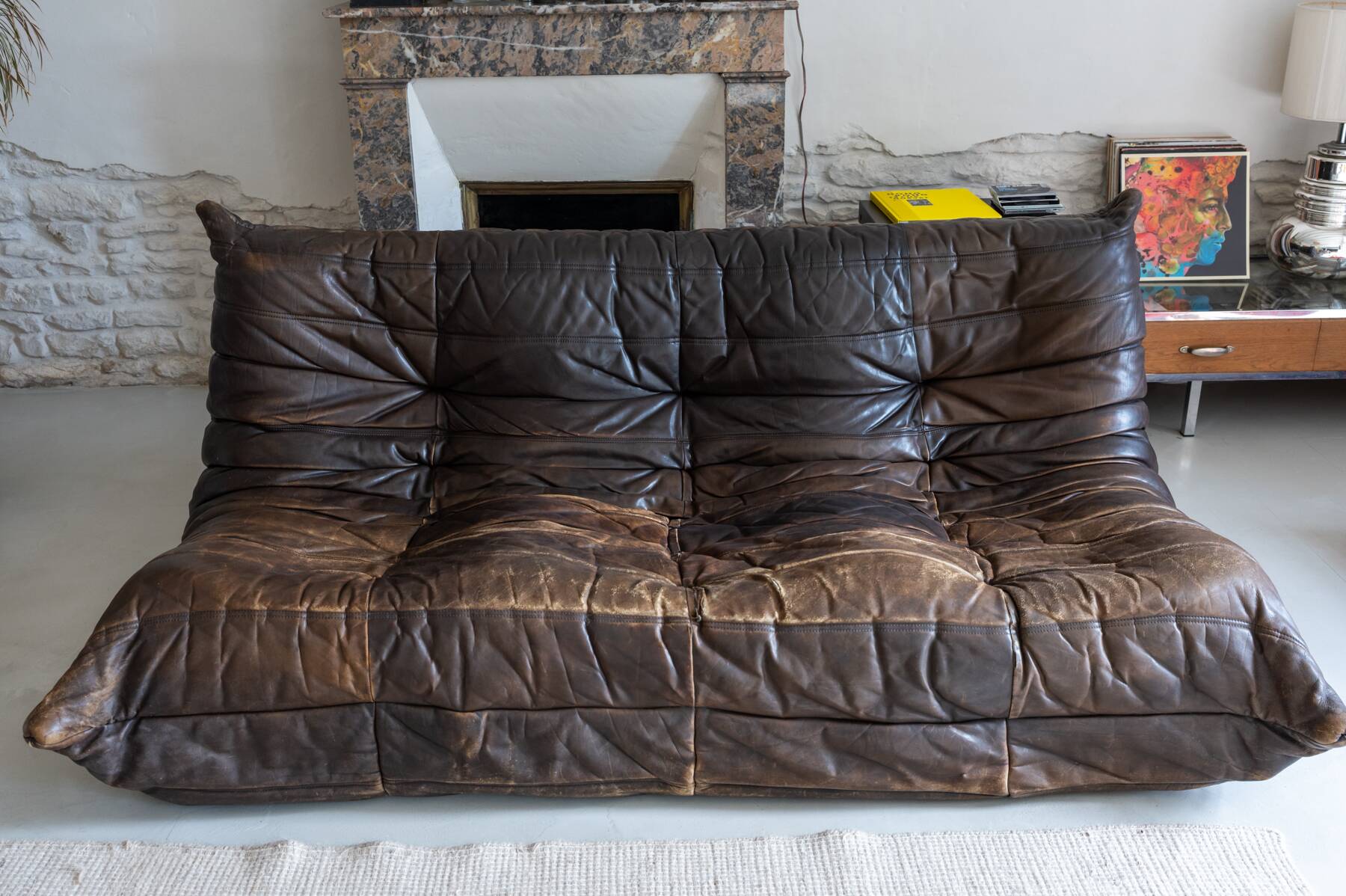Togo sofa Ligne Roset 3-seater – Vintage brown leather from the 70s