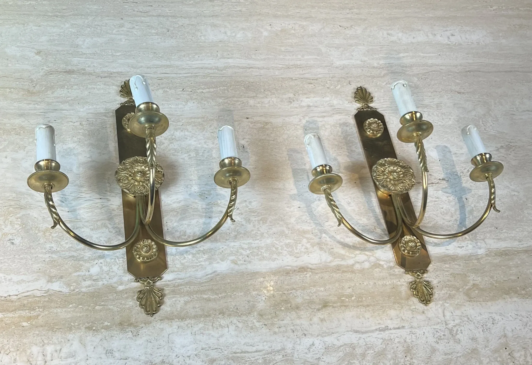 Pair of Neoclassical Wall Lights with Three Arms in Brass with Decoration