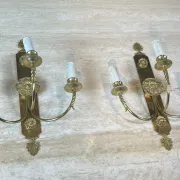 Pair of Neoclassical Wall Lights with Three Arms in Brass with Decoration
