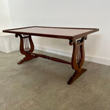 Old rectangular wood coffee table with lyre side posts