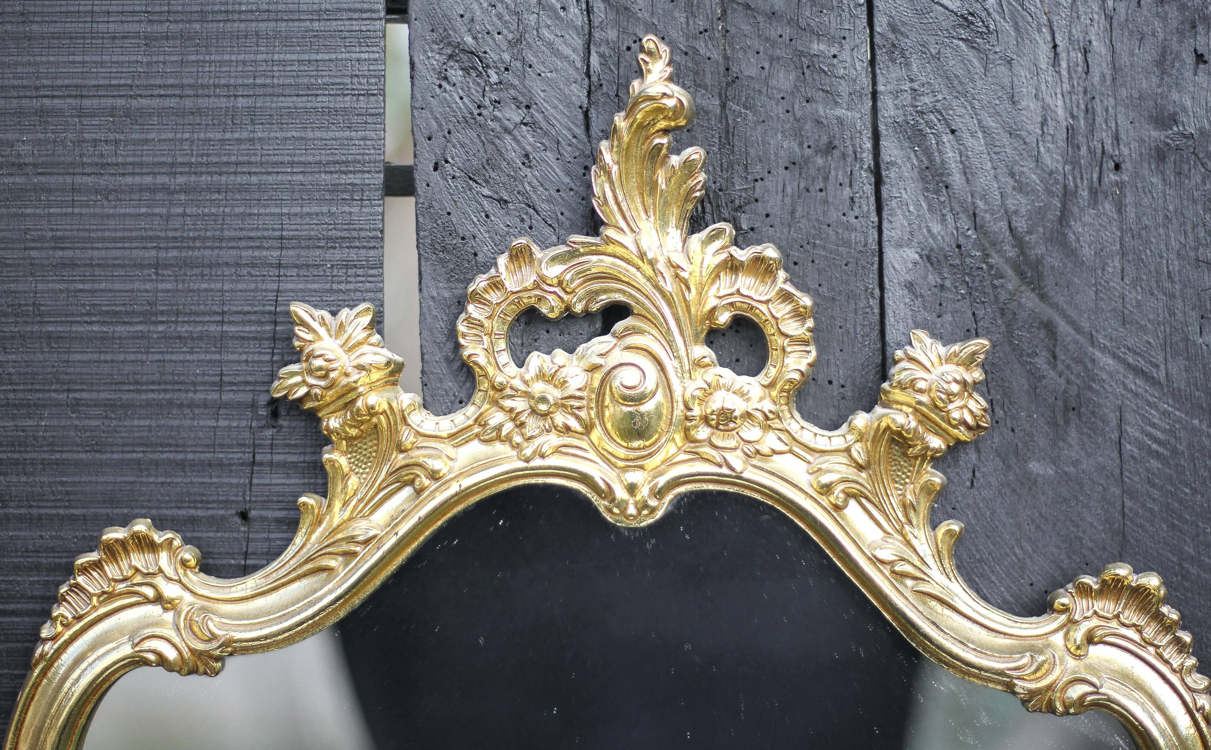 Console and its vintage mirror, brass and marble wall console, rococo style brass mirror