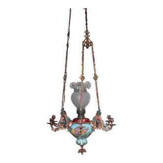 Suspension bronze ancienne Napoléon III, lampe de plafond XIX