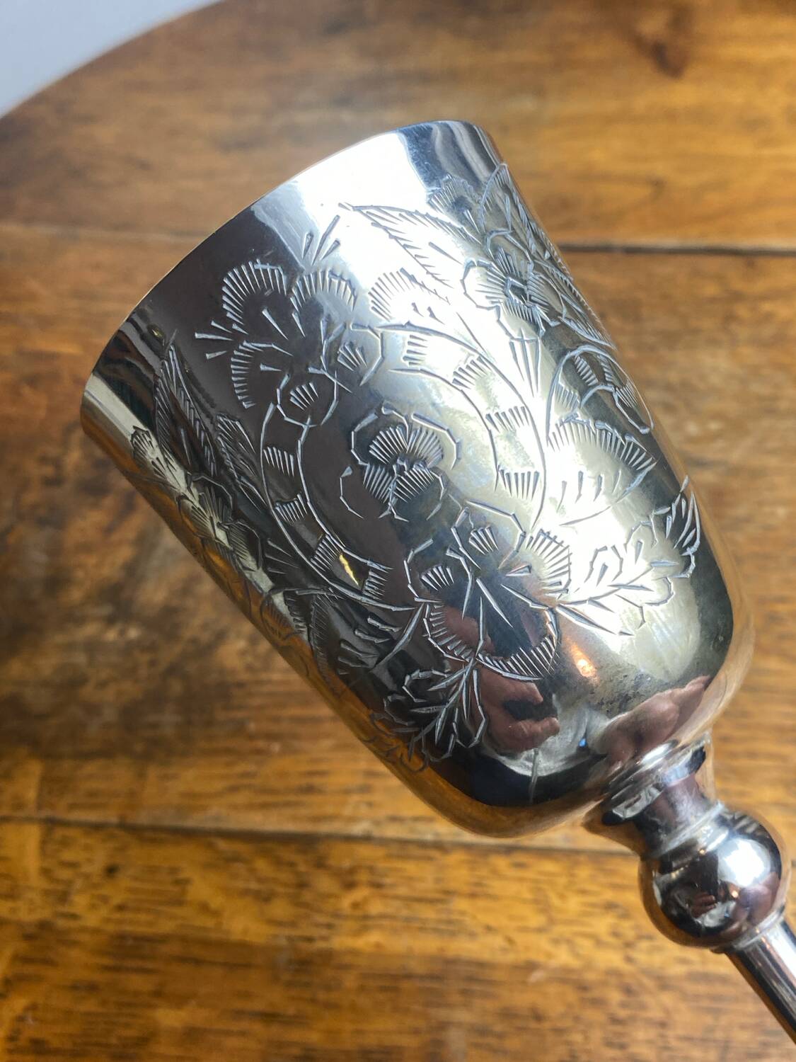 Stemmed glass, engraved silver-plated metal chalice