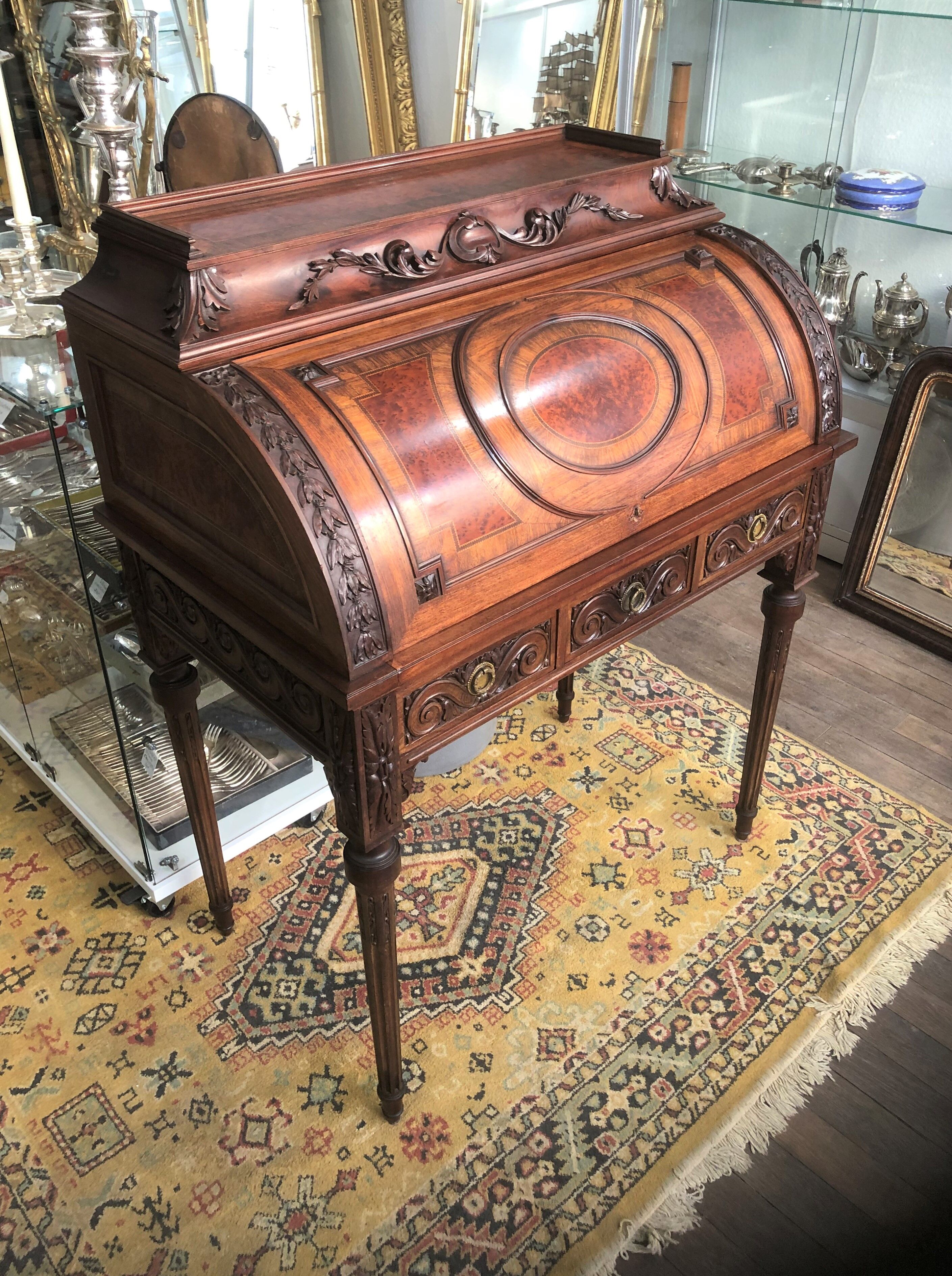 Old louis XVI style cylinder office Scriban Secretary in solid wood and marquetry
