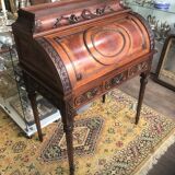 Ancien bureau à cylindre de style Louis XVI Scriban Secrétaire en bois massif et marqueterie