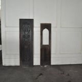 Set of 2 carved brown wooden panels, rural Hungary, 1940s, geometric patterns.