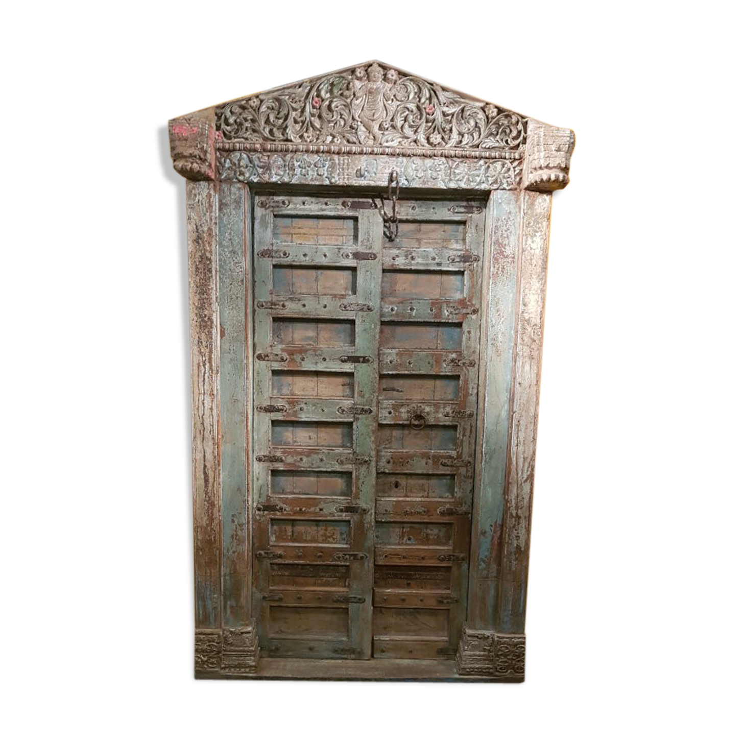 Door sculpted Indian Rajasthan old patina original old teak 145 x 15 x 250