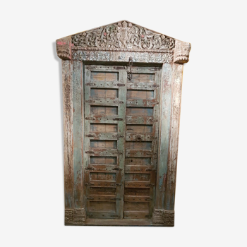 Door sculpted Indian Rajasthan old patina original old teak 145 x 15 x 250