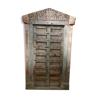 Door sculpted Indian Rajasthan old patina original old teak 145 x 15 x 250
