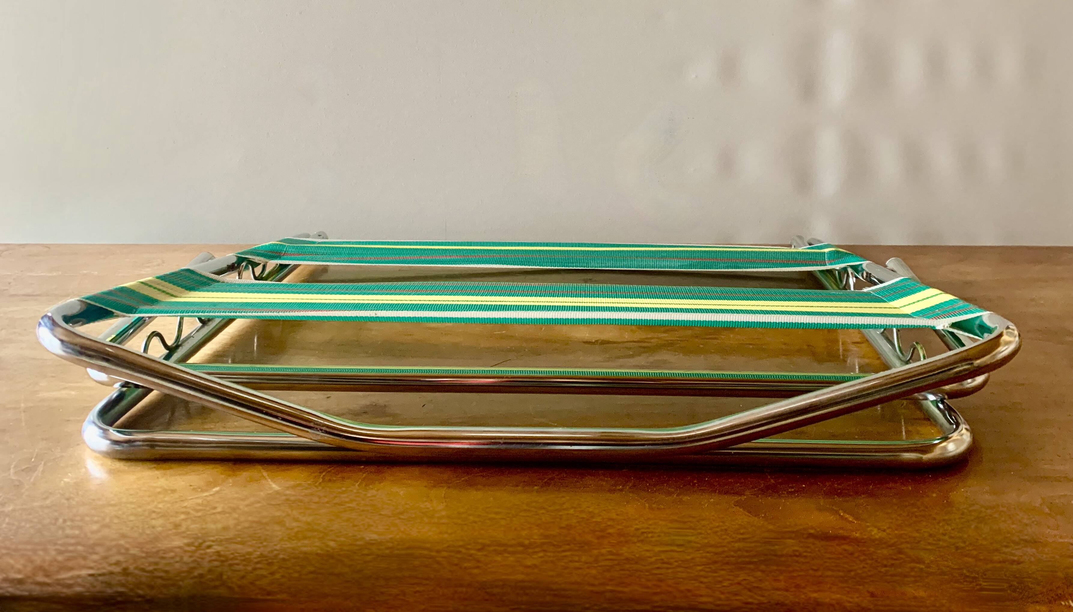 Vintage folding beach chair in chrome metal and woven plastic