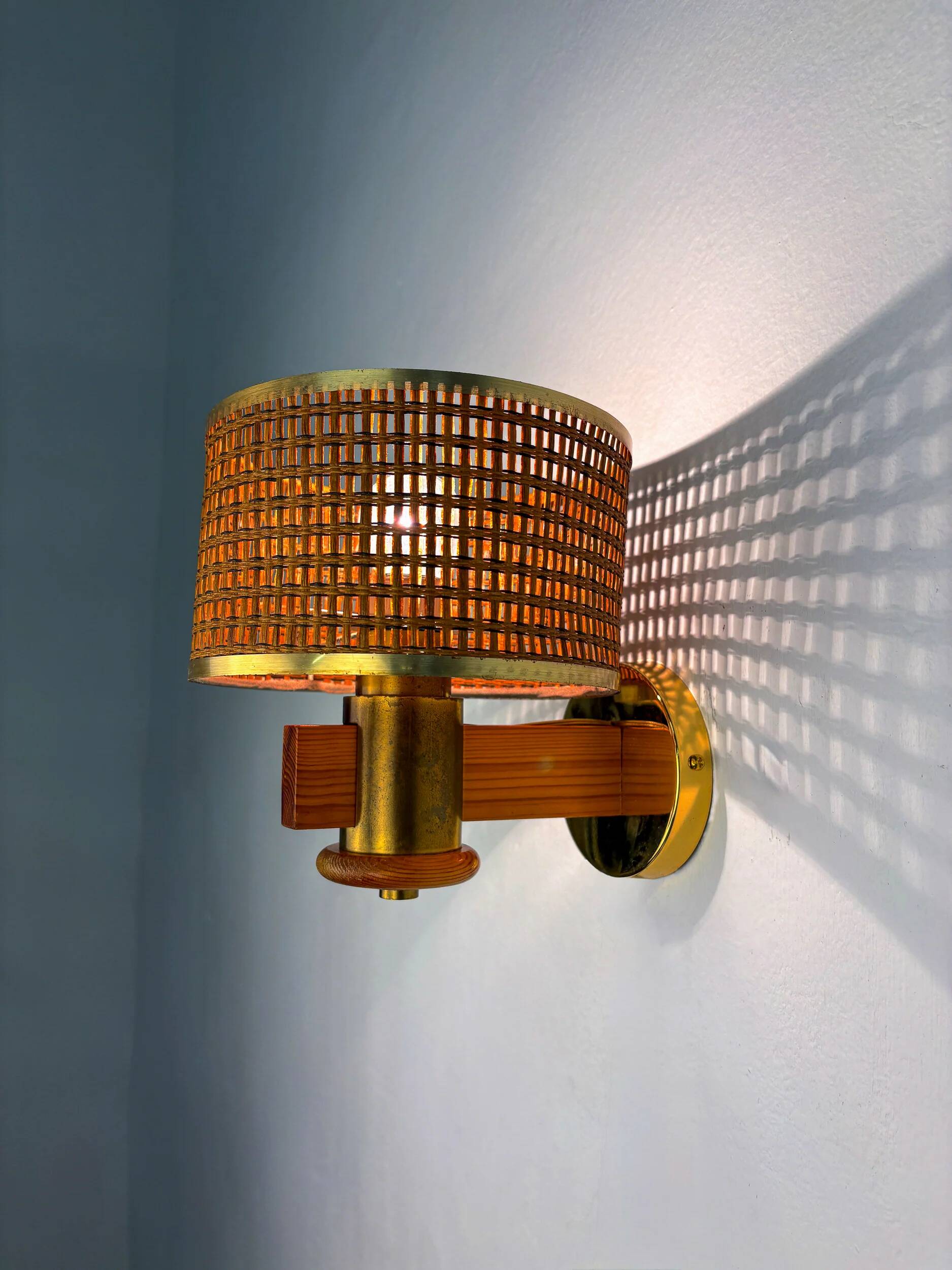 Pair of vintage rattan & wood wall sconces, Italy, 1970s