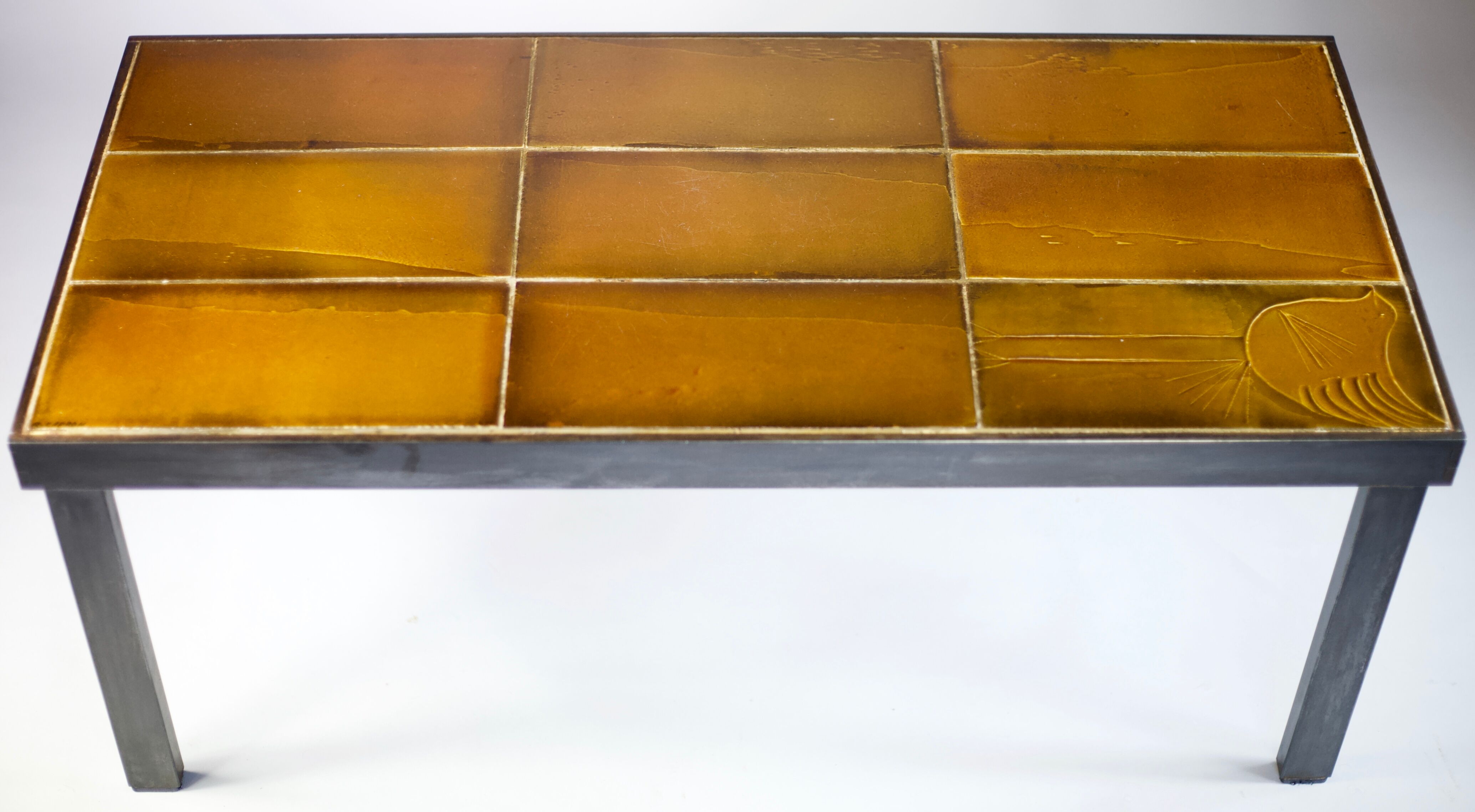 Coffee table signed Roger Capron, steel and ceramic, bird motif