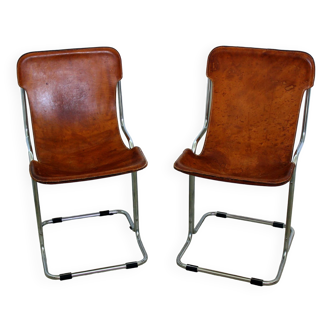 Pair of vintage Calla leather and chrome chairs designer Antonio Ari Colombo for Arflex Italy 196